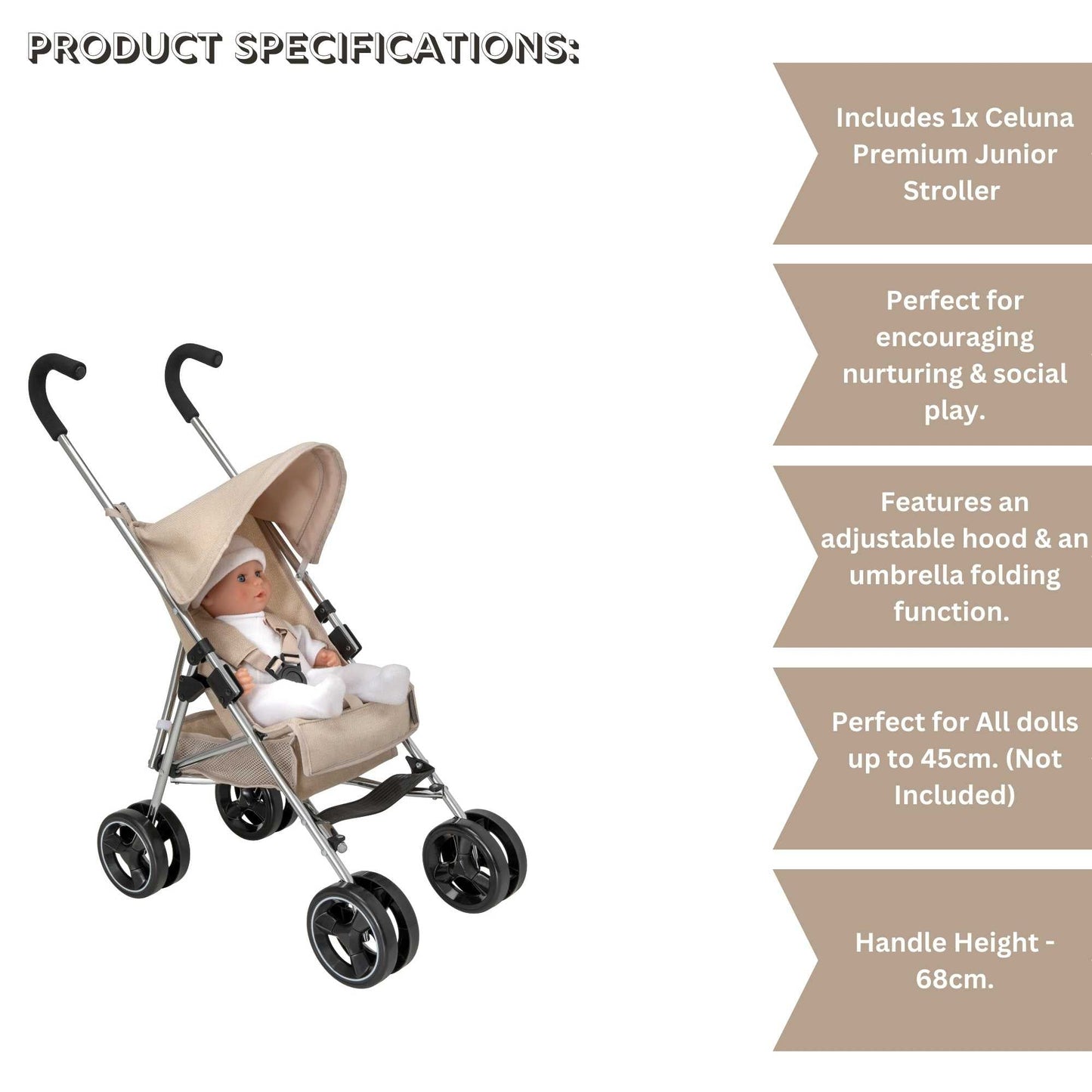 Celuna Premium Junior Dolls Stroller - Stone